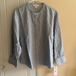 Treasure & Bond Blue Striped Blouse Button Down 3/4 sleeves Linen Cotton Blend S
